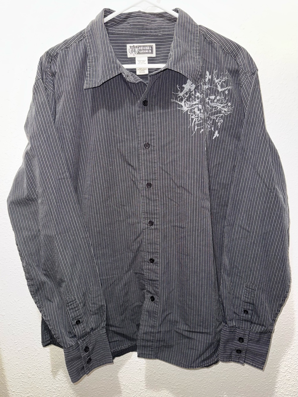 Route 66 Men's Black Pinstripe Button-Down Shirt w/ White SkullShoulder Graphic